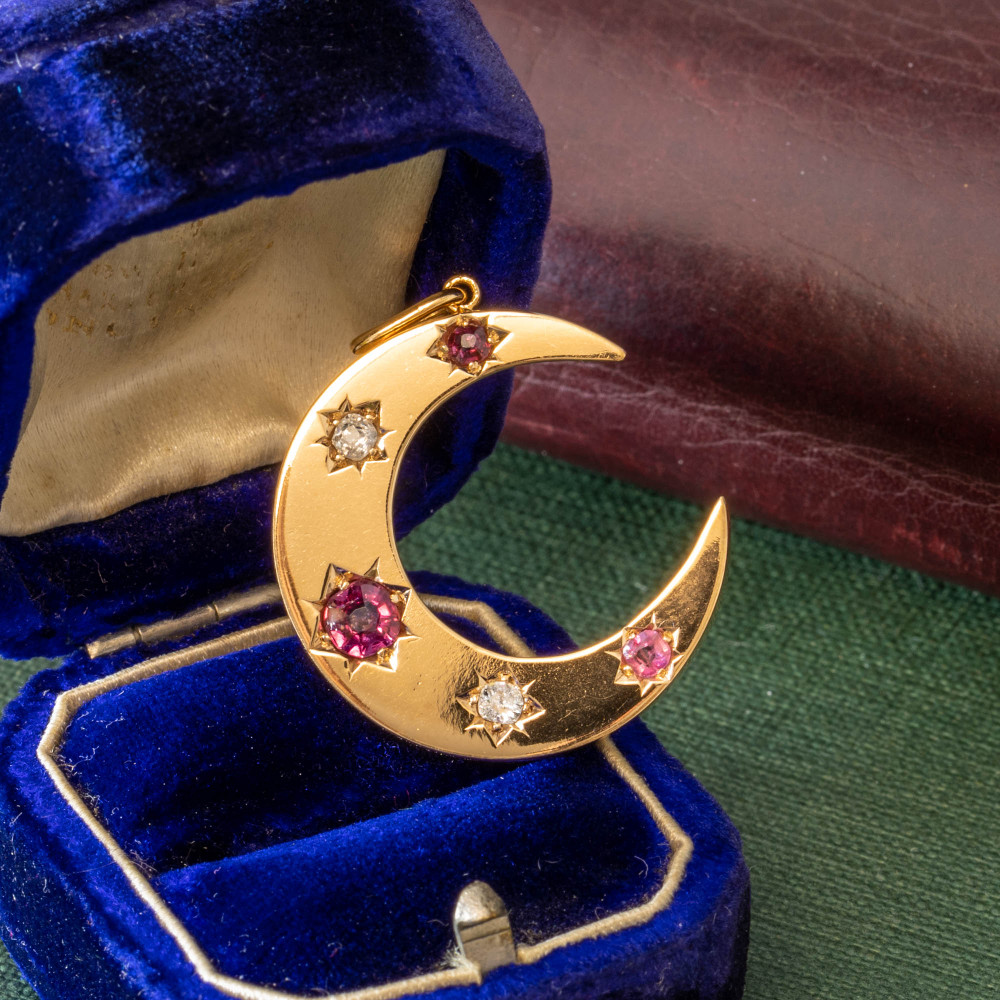 RESERVED Victorian Ruby & Old Mine Cut Diamond Crescent Moon Pendant, Antique 12ct Rose Gold Necklace.