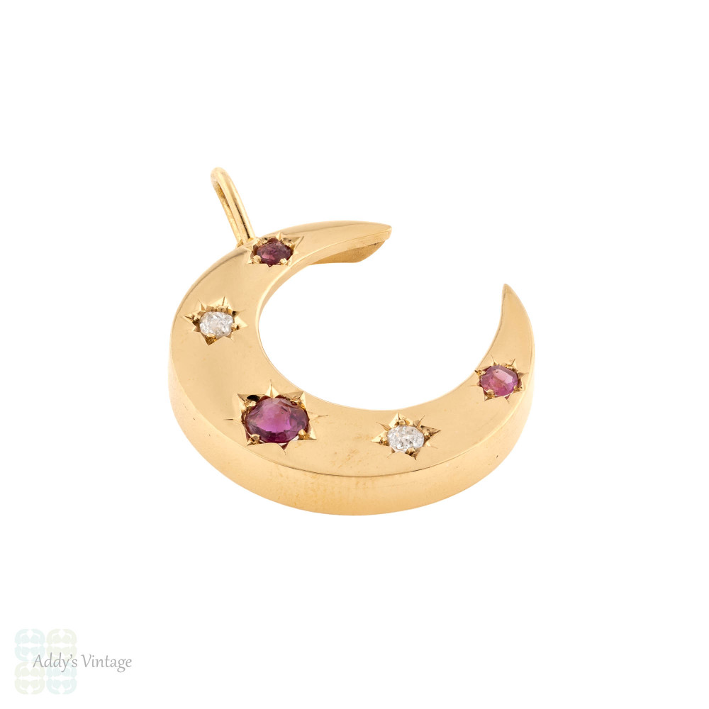 RESERVED Victorian Ruby & Old Mine Cut Diamond Crescent Moon Pendant, Antique 12ct Rose Gold Necklace.