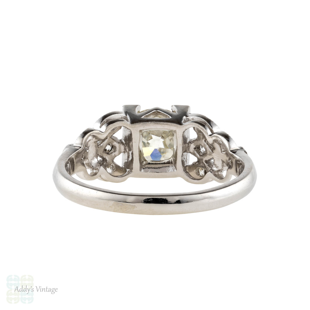 Old European Cut Diamond Engagement Ring, 1.19ctw Platinum 1930s Floral Design.