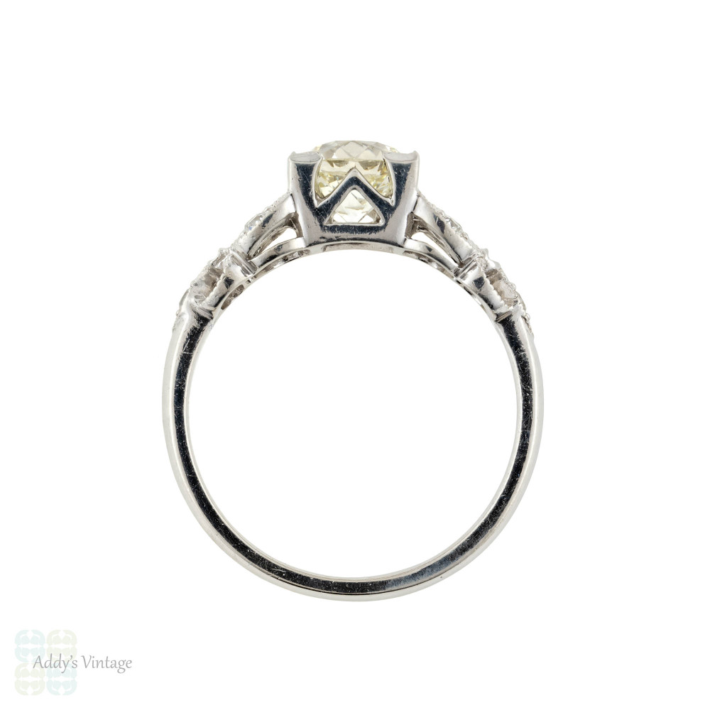 Old European Cut Diamond Engagement Ring, 1.19ctw Platinum 1930s Floral Design.