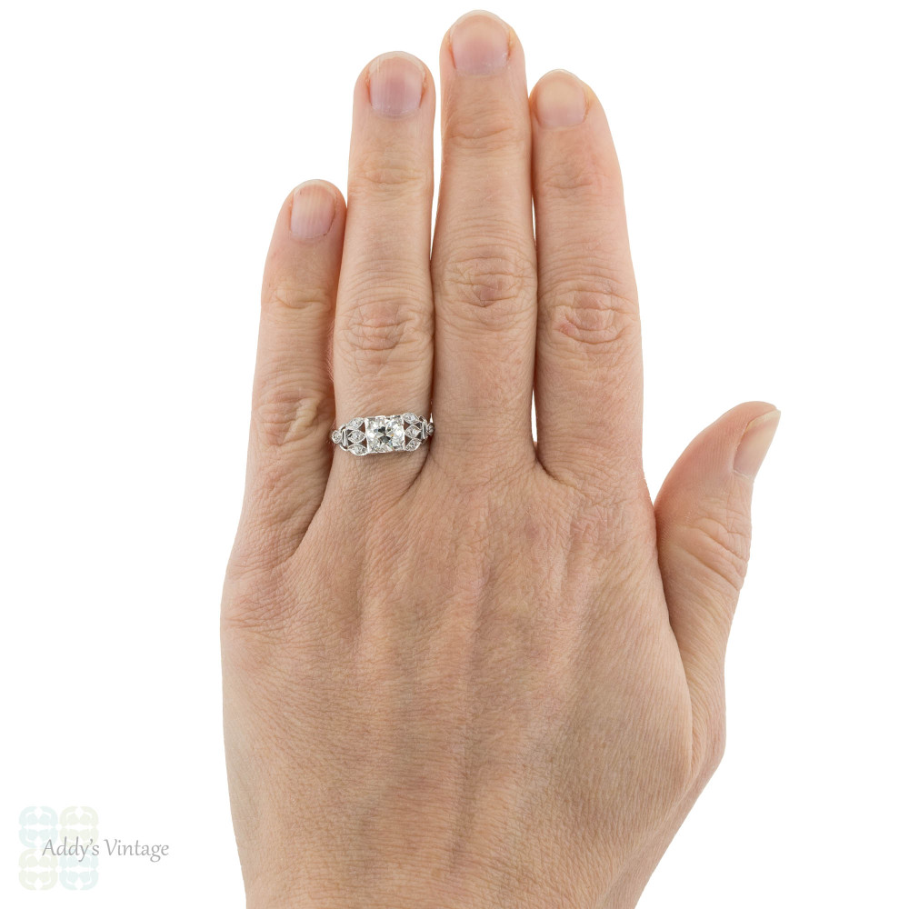 Old European Cut Diamond Engagement Ring, 1.19ctw Platinum 1930s Floral Design.