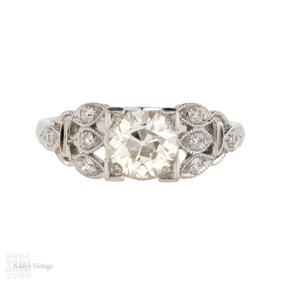Old European Cut Diamond Engagement Ring, 1.19ctw Platinum 1930s Floral Design.