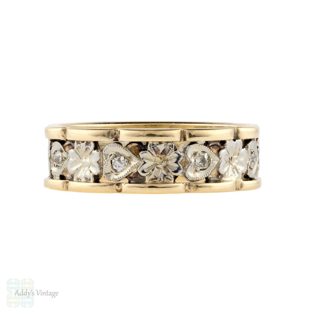 RESERVED Flower & Heart Engraved Diamond Wedding Ring, 1940s 14k Eternity Band. Size M.5 / 6.5.