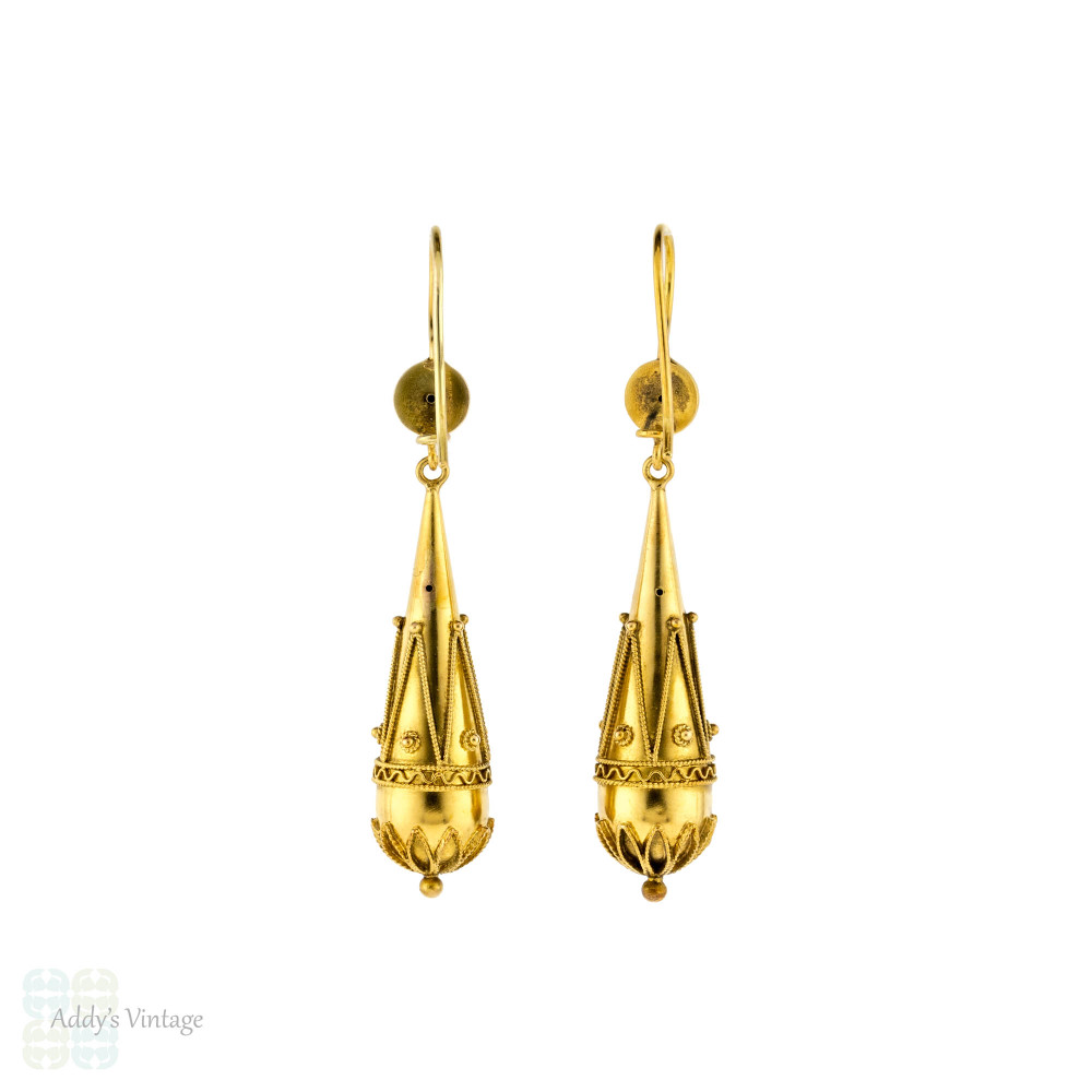 Victorian Etruscan Revival Earrings, Antique 15k 15ct Gold Torpedo Shape Cannetille Drops.