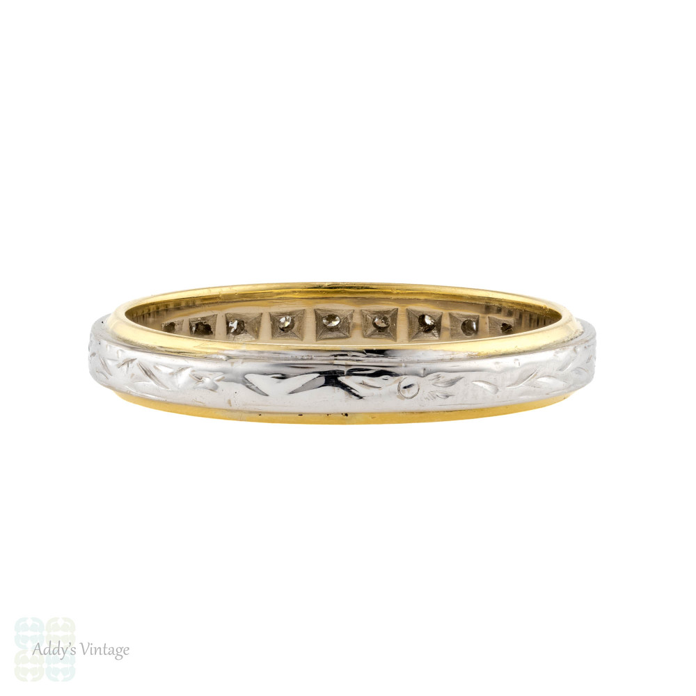 Diamond Half Hoop Wedding Ring, Vintage 18ct 18k Two Tone Gold Eternity Band Size S.5 / 9.5.