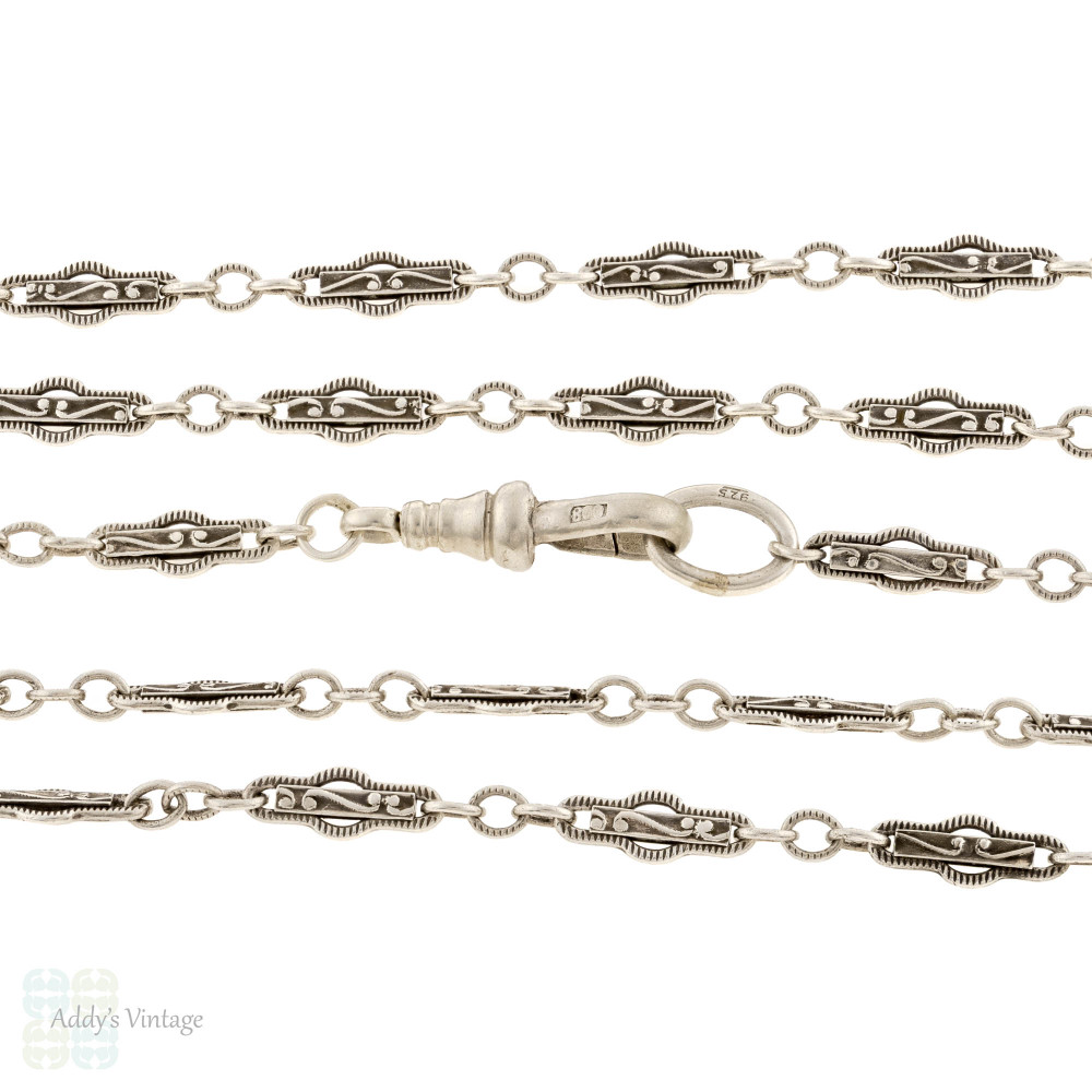 Antique French Silver Long Guard Chain, Fancy Foliaite & Ridged Link 62" Necklace.