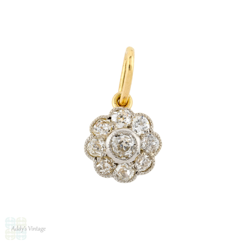 Floral Antique Diamond Cluster Pendant, 9ct & Platinum Old Cut Diamond Flower Charm.