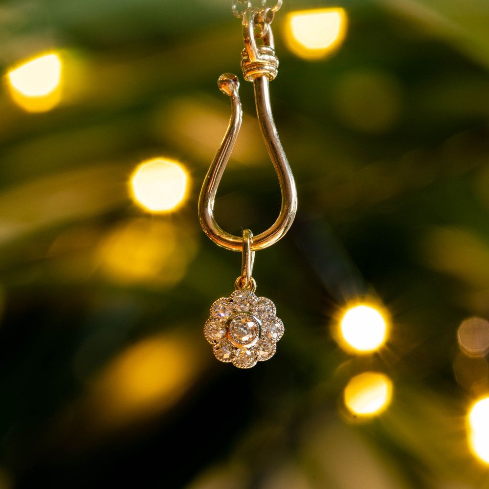 Floral Antique Diamond Cluster Pendant, 9ct & Platinum Old Cut Diamond Flower Charm.