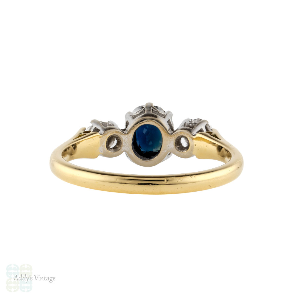 Sapphire & Diamond Three Stone Engagement Ring, Vintage Oval Cut Sapphire 18ct & Platinum.
