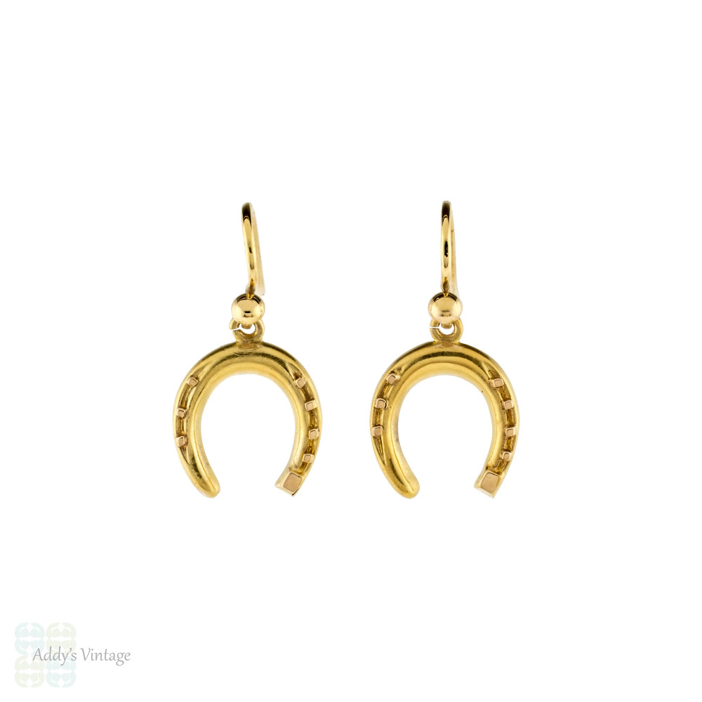 Victorian Horseshoe Drop Earrings, Antique Dangles 15ct Yellow Gold with 9ct Wires.
