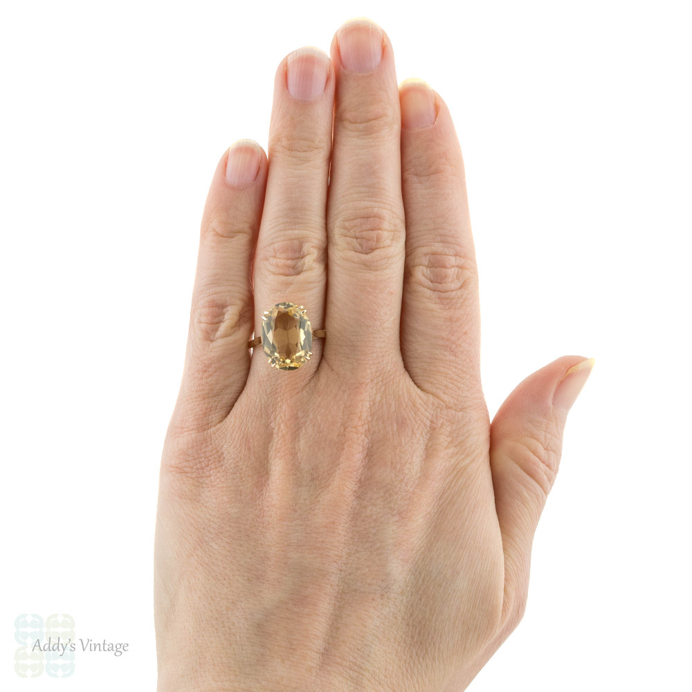 1960s Vintage Citrine Cocktail Ring, Oval Cut Yellow Gemstone in 9ct Gold Double Claw Setting.