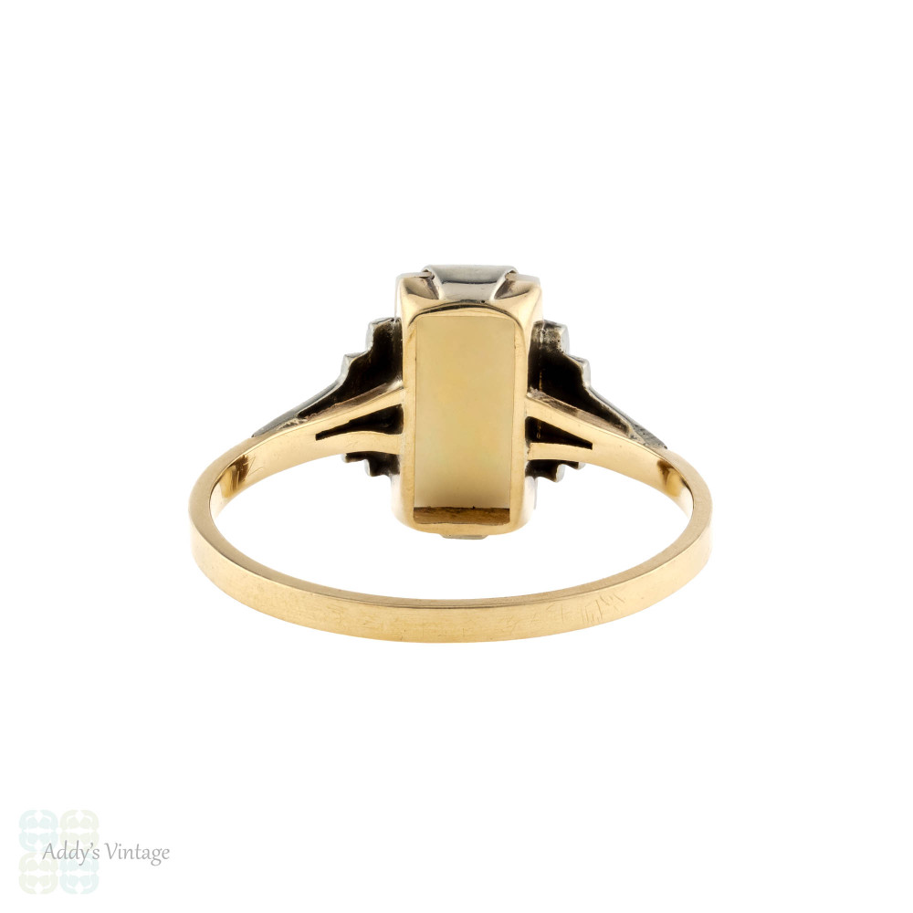 RESERVED Vintage Opal Rectangular Cut Ring, Art Deco 9ct 9k Gold Two Tone Stepped Design.