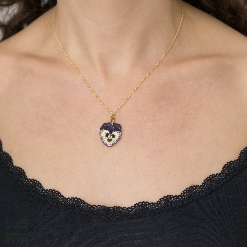 1970’s made in Norway　pansy pendant RESERVED Antique Enamel Pansy Pendant, Vintage Silver Gilt