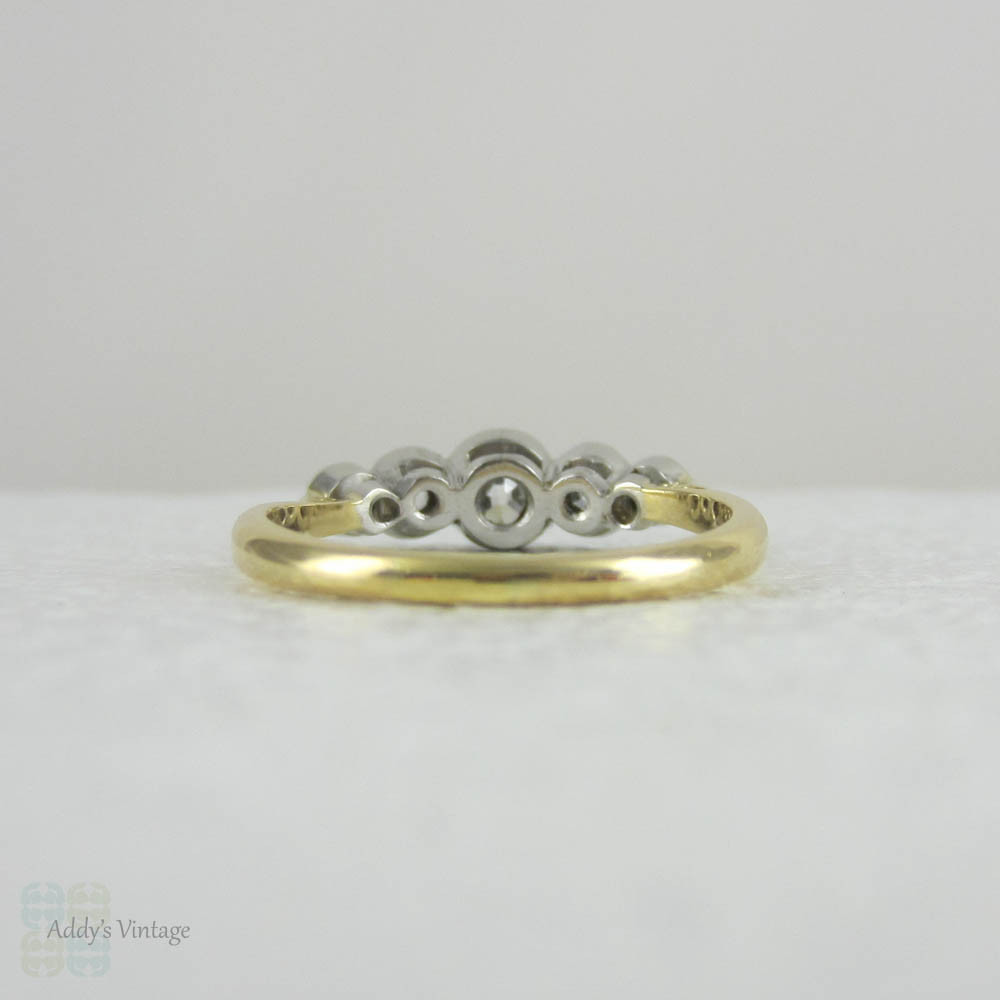 Antique Five Stone Old Mine Cut Diamond Engagement Ring. Graduated Diamonds Bezel Set in Miligrain Lined Platinum Topped 18 Carat Yellow Gold.