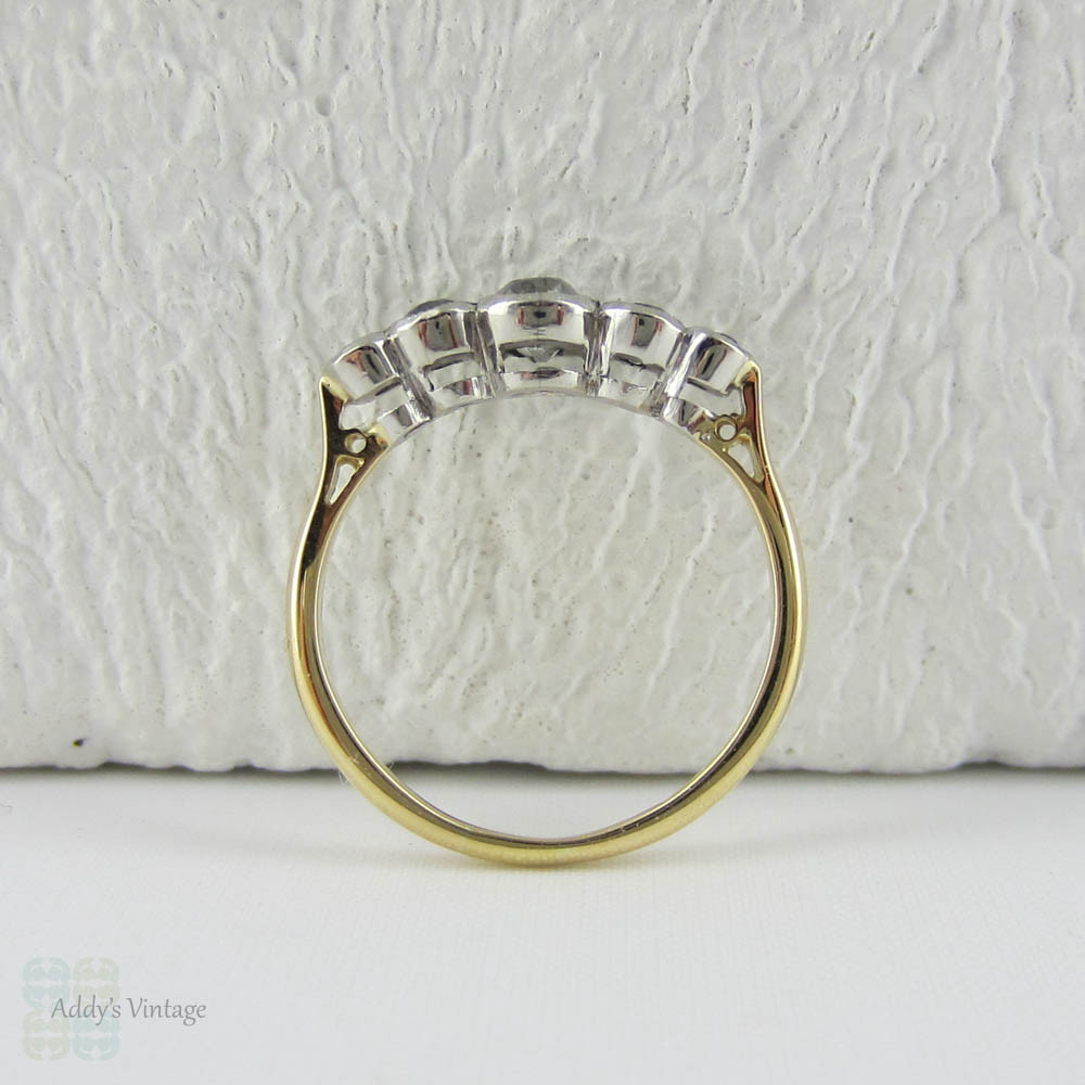 Antique Five Stone Old Mine Cut Diamond Engagement Ring. Graduated Diamonds Bezel Set in Miligrain Lined Platinum Topped 18 Carat Yellow Gold.