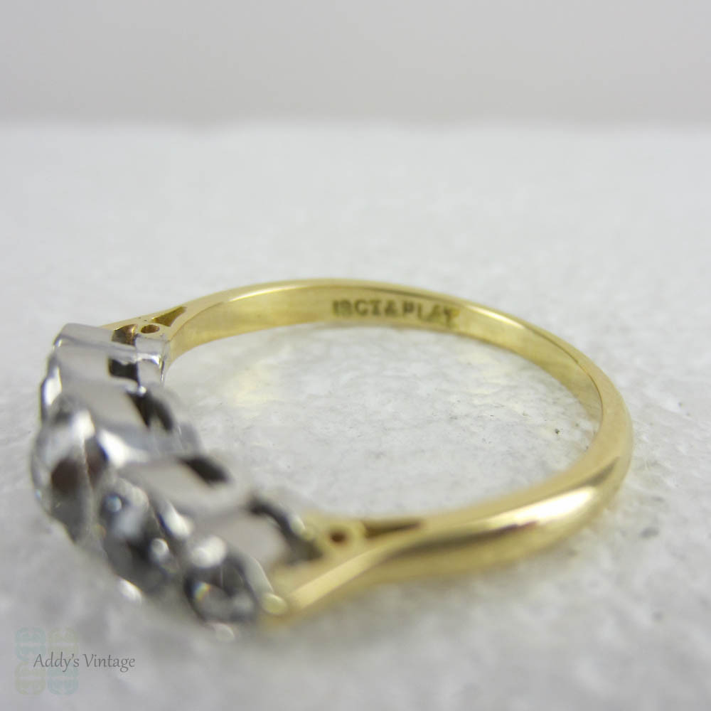 Antique Five Stone Old Mine Cut Diamond Engagement Ring. Graduated Diamonds Bezel Set in Miligrain Lined Platinum Topped 18 Carat Yellow Gold.