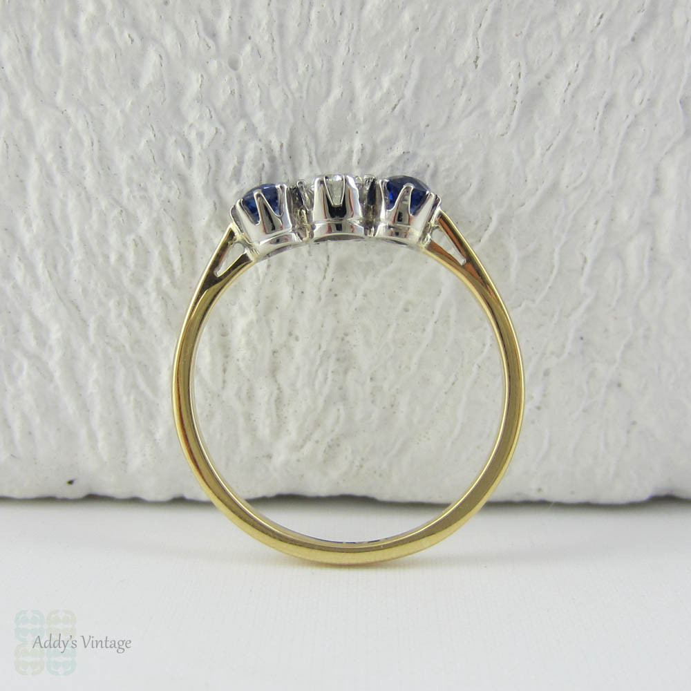 Vintage Diamond & Sapphire Three Stone Engagement Ring. Trilogy Ring with Round Brilliant Cut Diamond and Cornflower Blue Sapphire.
