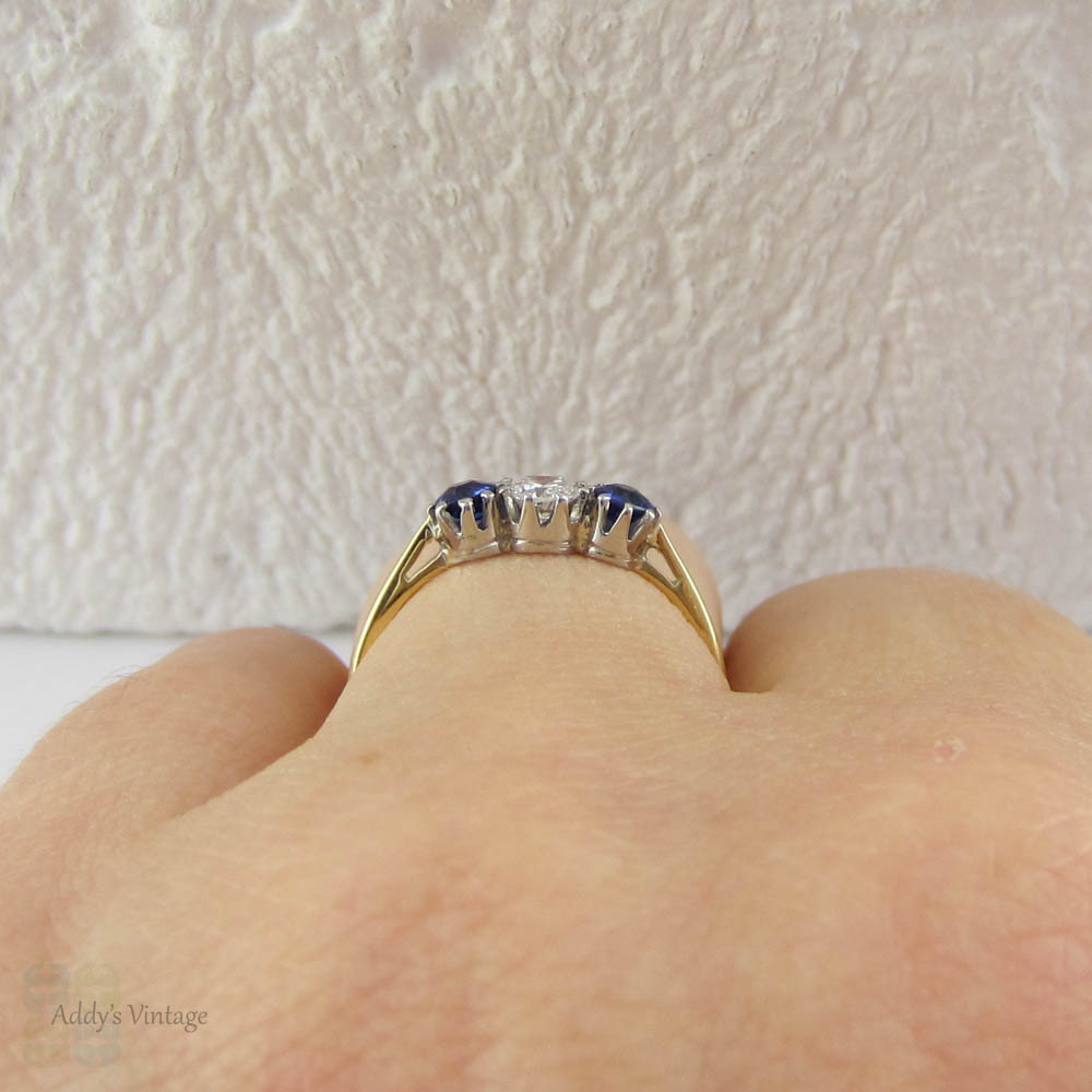 Vintage Diamond & Sapphire Three Stone Engagement Ring. Trilogy Ring with Round Brilliant Cut Diamond and Cornflower Blue Sapphire.