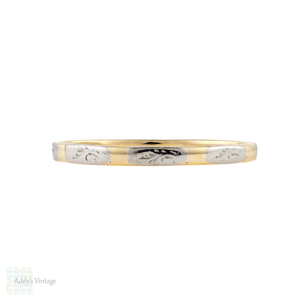 Two Tone 9ct Platinum 1950s Wedding Band, Ladies Engraved Slender Spacer Ring Size P / 7.75.