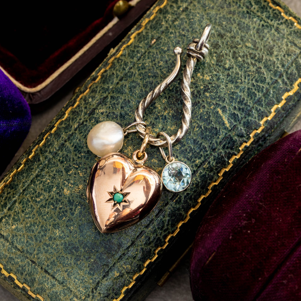 Edwardian Heart Locket, Antique 9ct 9k Rose Gold Turquoise Charm Pendant Circa 1900s.