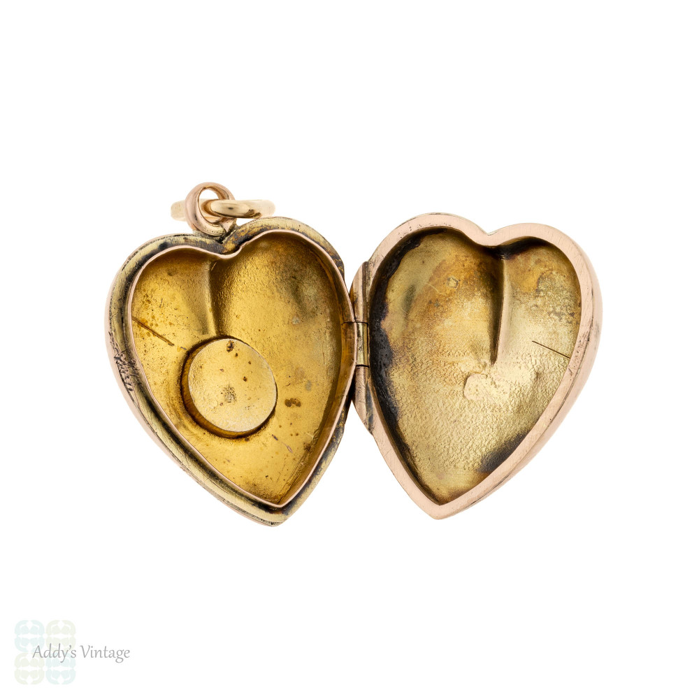Edwardian Heart Locket, Antique 9ct 9k Rose Gold Turquoise Charm Pendant Circa 1900s.
