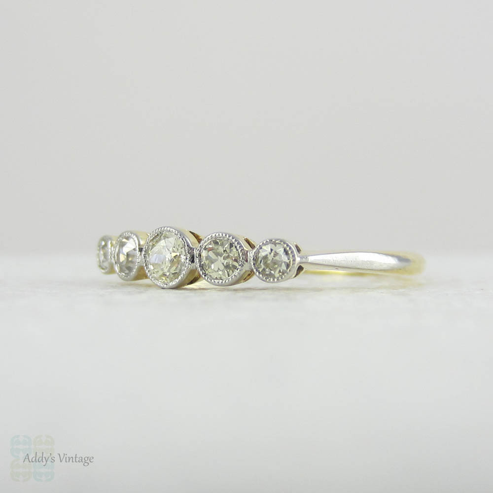 Art Deco Graduated Five Stone Diamond Ring. Half Hoop Bezel Set Diamond Engagement Ring in 18 Carat Gold with Miligrain Edges.