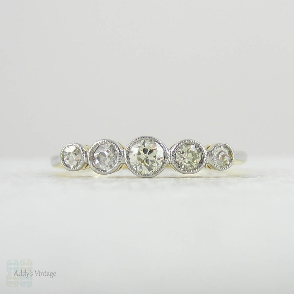 Art Deco Graduated Five Stone Diamond Ring. Half Hoop Bezel Set Diamond Engagement Ring in 18 Carat Gold with Miligrain Edges.