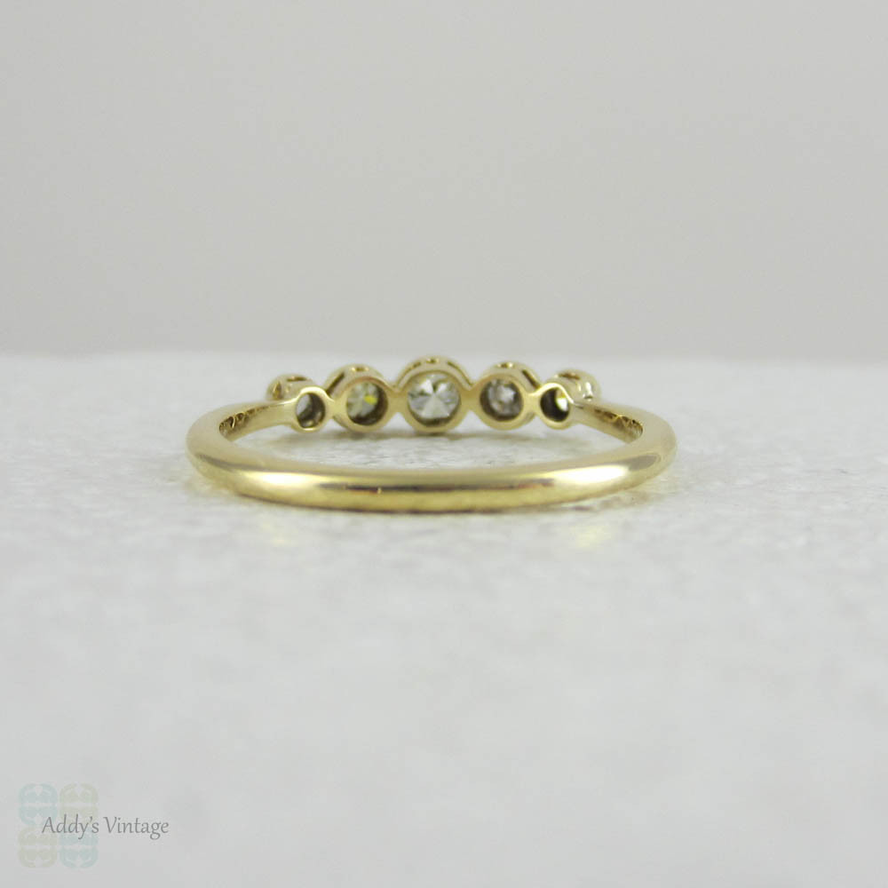 Art Deco Graduated Five Stone Diamond Ring. Half Hoop Bezel Set Diamond Engagement Ring in 18 Carat Gold with Miligrain Edges.