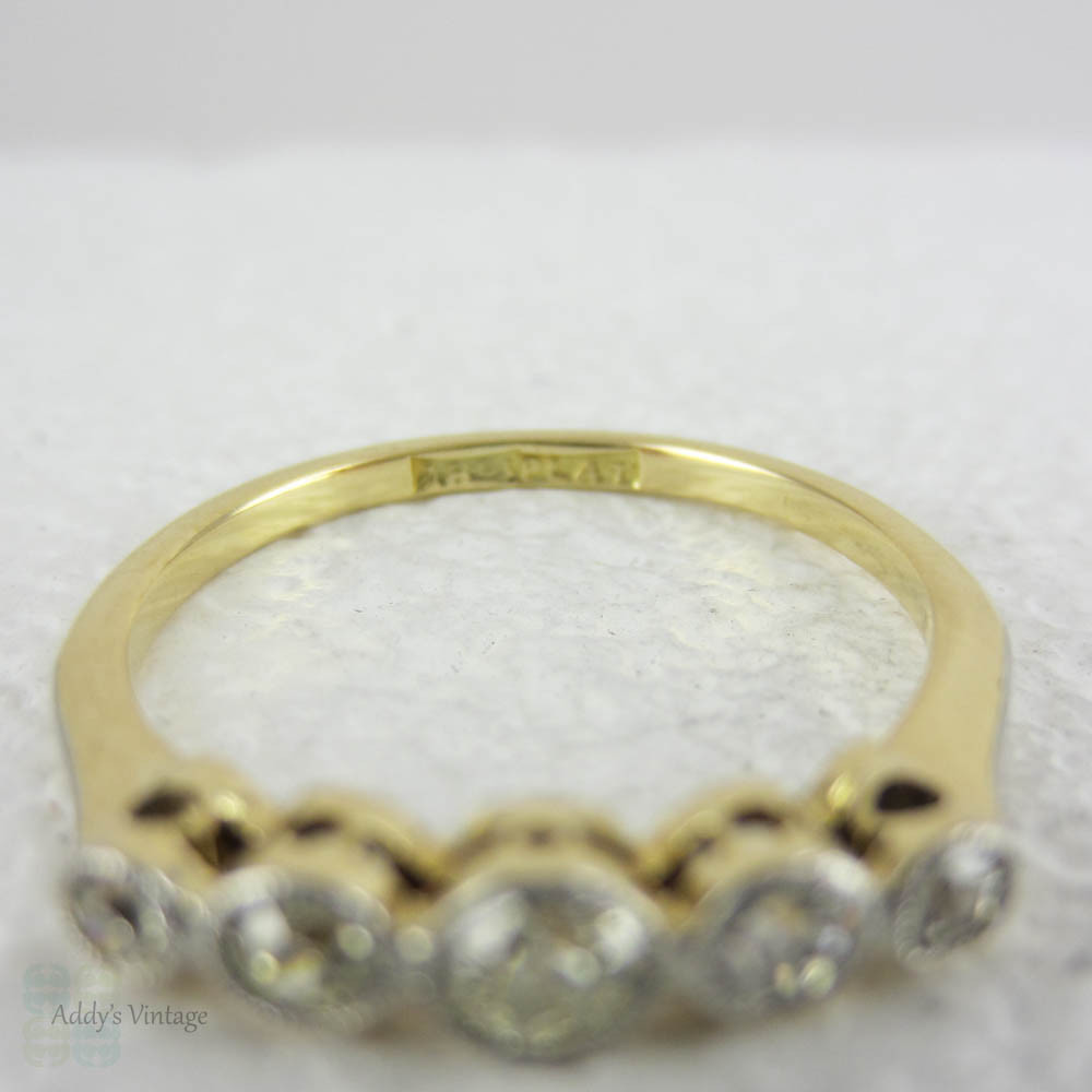 Art Deco Graduated Five Stone Diamond Ring. Half Hoop Bezel Set Diamond Engagement Ring in 18 Carat Gold with Miligrain Edges.