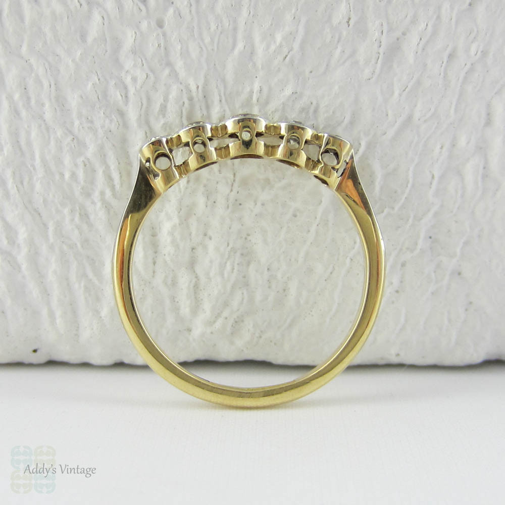 Art Deco Graduated Five Stone Diamond Ring. Half Hoop Bezel Set Diamond Engagement Ring in 18 Carat Gold with Miligrain Edges.