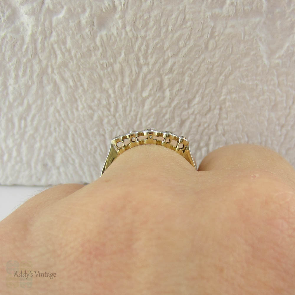 Art Deco Graduated Five Stone Diamond Ring. Half Hoop Bezel Set Diamond Engagement Ring in 18 Carat Gold with Miligrain Edges.