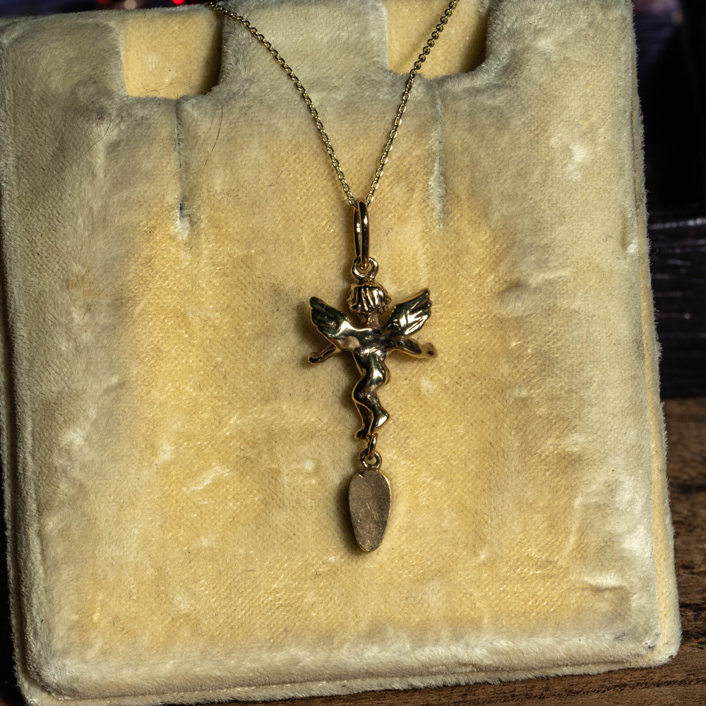 Angel Charm with Georgian Garnet Pear Drop, Antique Conversion 9ct Cherub Charm.