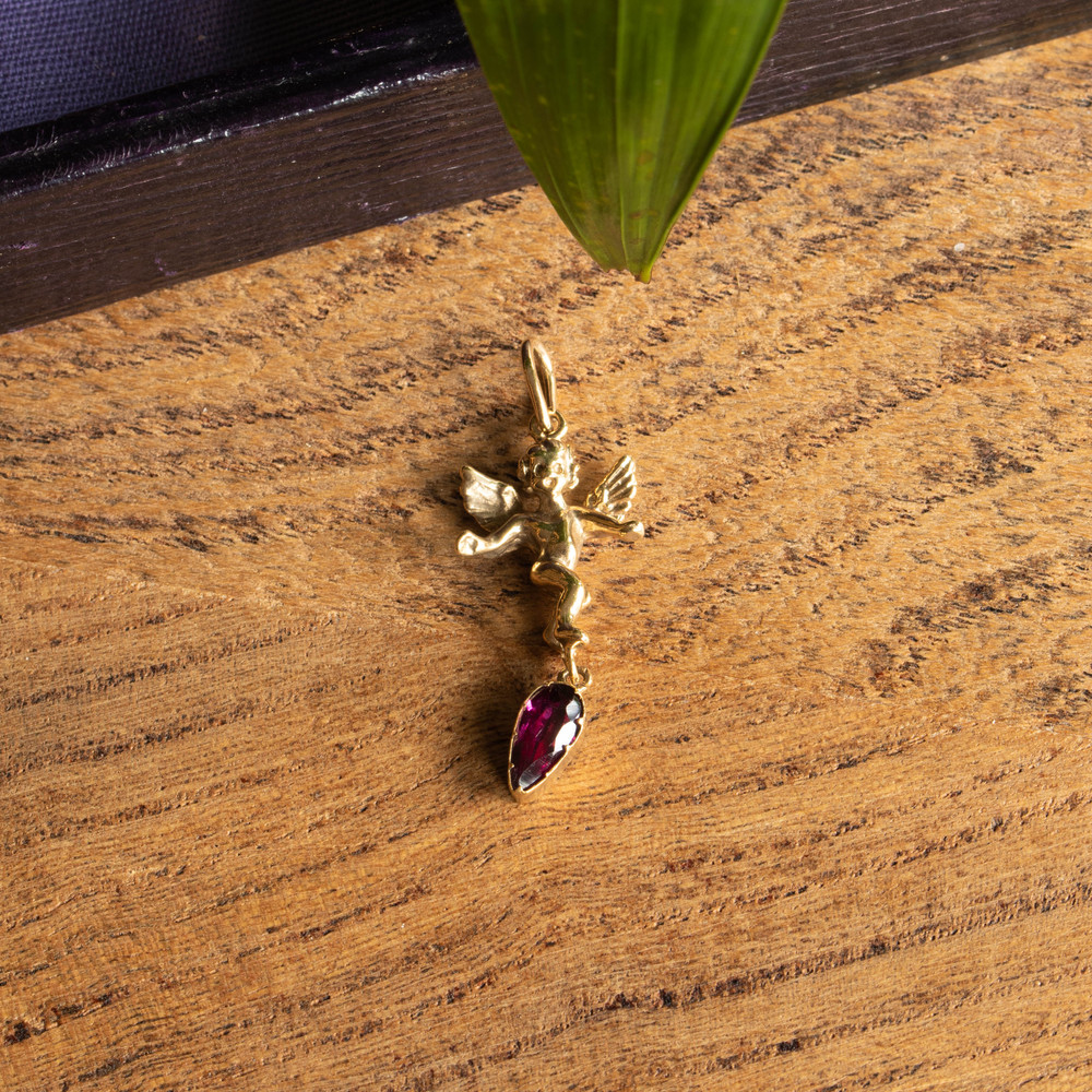 Angel Charm with Georgian Garnet Pear Drop, Antique Conversion 9ct Cherub Charm.