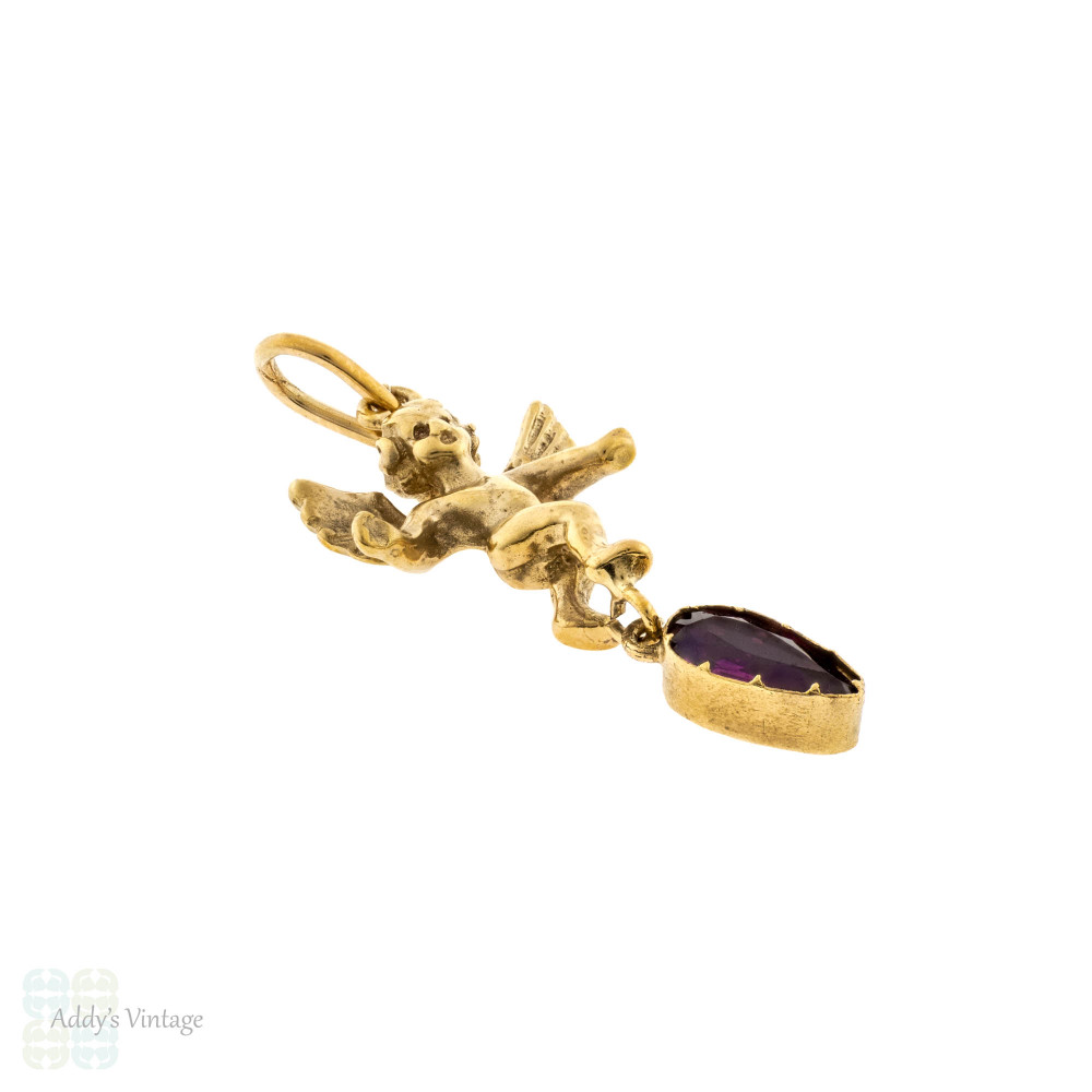 Angel Charm with Georgian Garnet Pear Drop, Antique Conversion 9ct Cherub Charm.