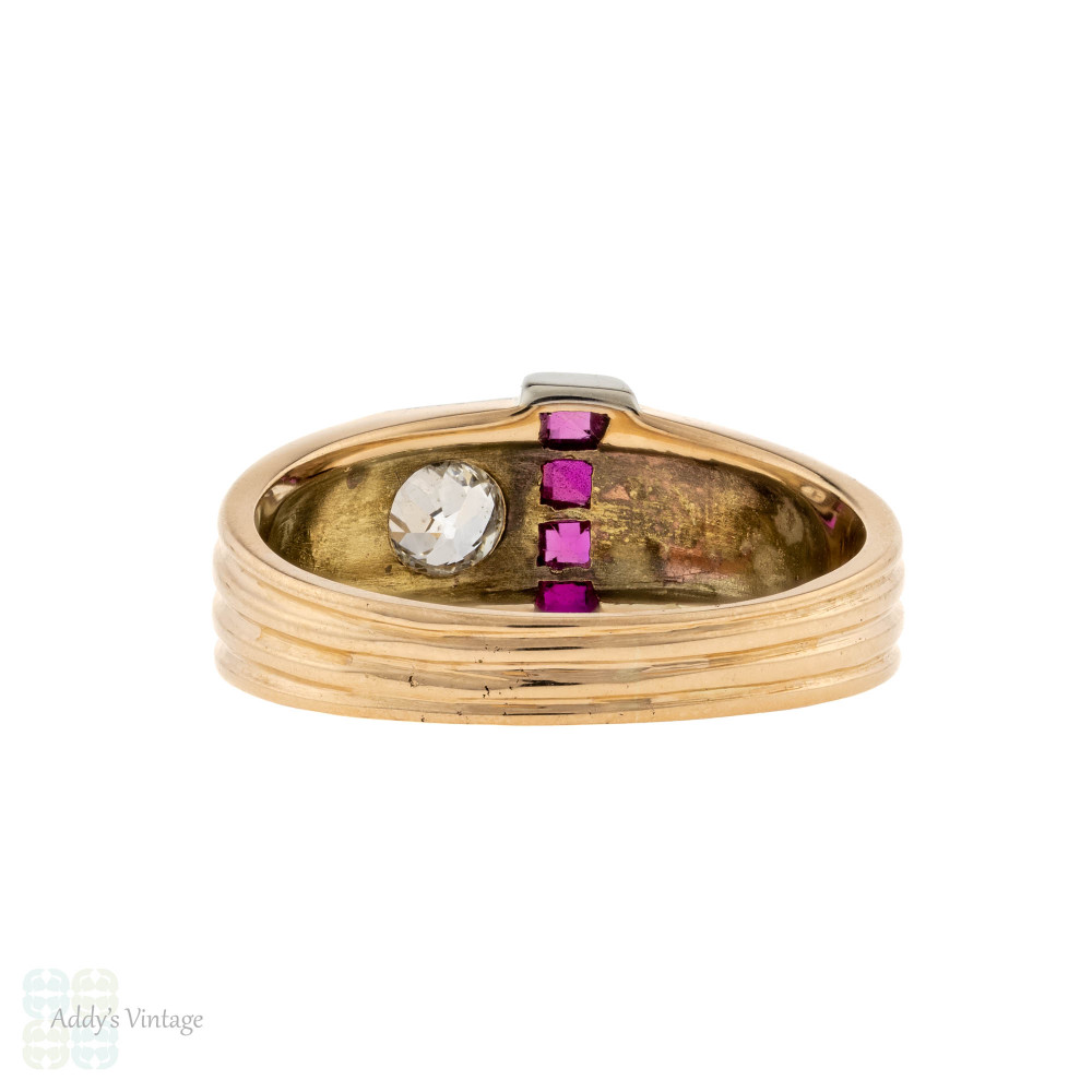 Mid Century Old Cut Diamond & Synthetic Ruby Tank Ring, 10k 10ct Gold Size S / 9.25.