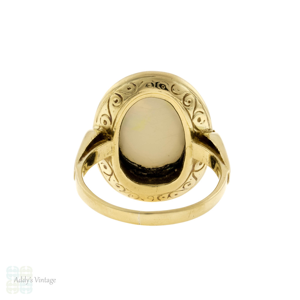 Opal 14k 14ct Yellow Gold Bezel Set Vintage Cocktail Ring, Large Single Stone Design.