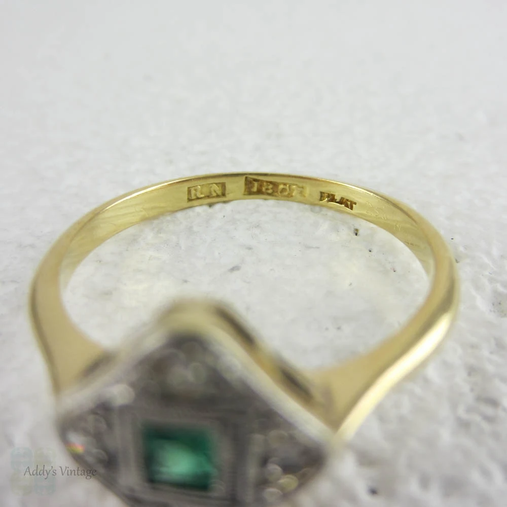 Art Deco Emerald & Diamond Engagement Ring. Light Green Emerald in Miligrain Beaded Square Setting with Diamond Accents, Circa 1930s.