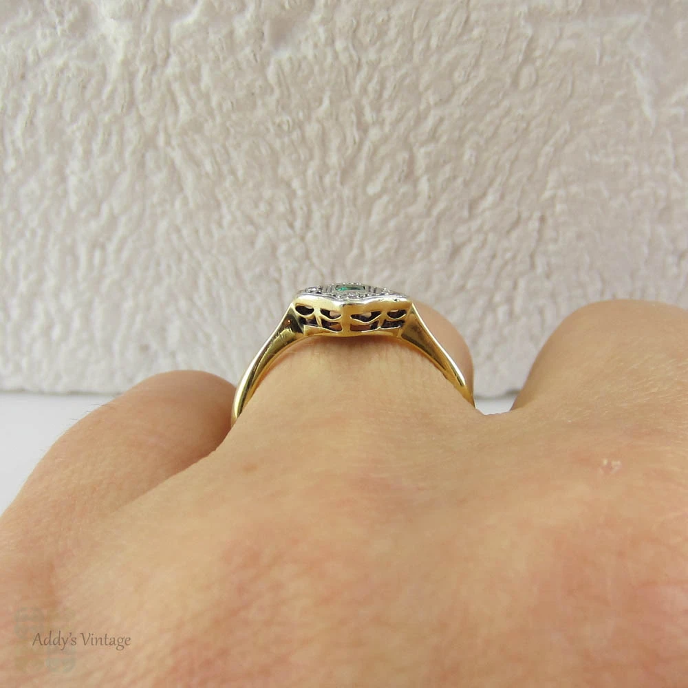 Art Deco Emerald & Diamond Engagement Ring. Light Green Emerald in Miligrain Beaded Square Setting with Diamond Accents, Circa 1930s.