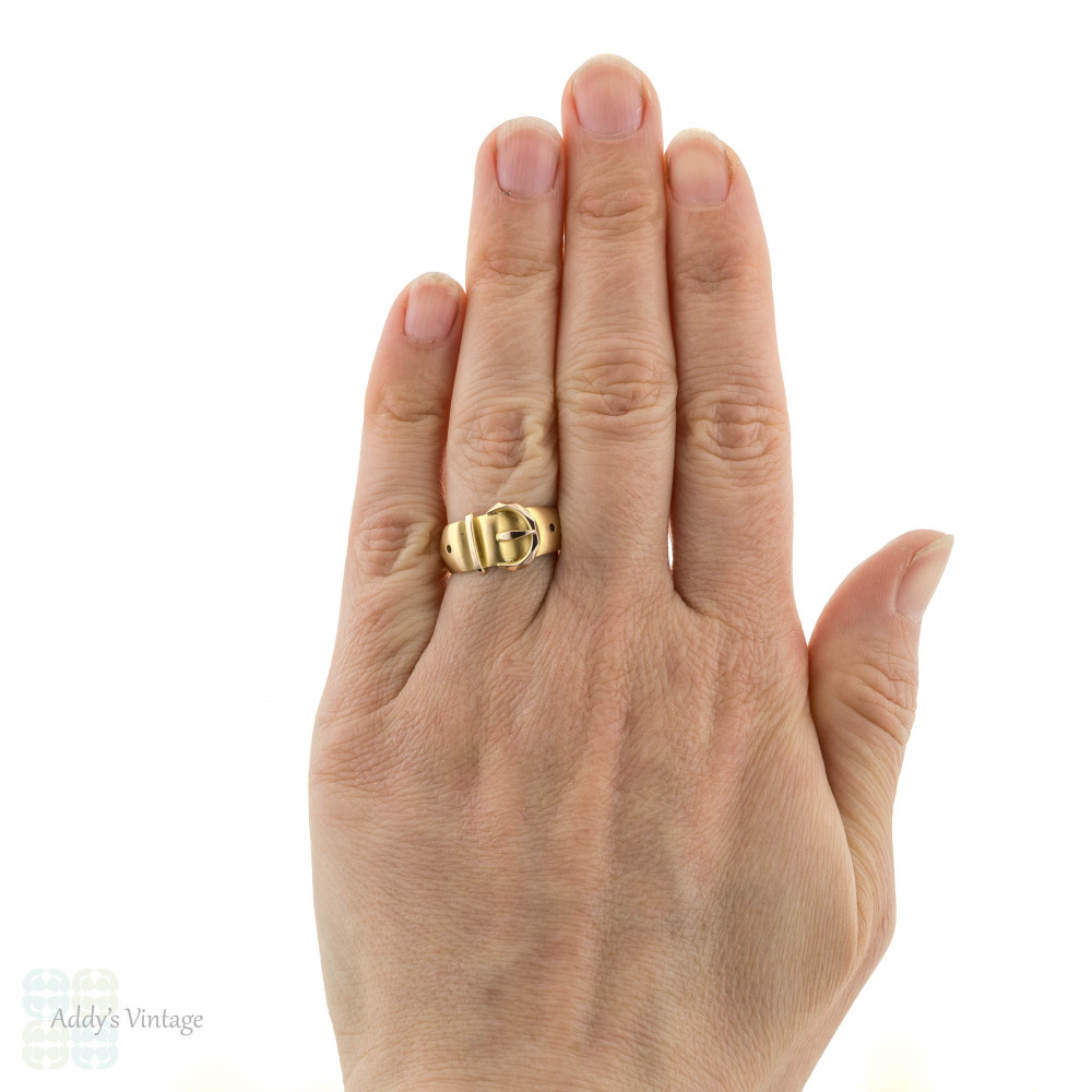 Victorian Buckle Ring, Wide 9ct 9k Yellow & Rose Gold Buckle Band Circa 1880s.
