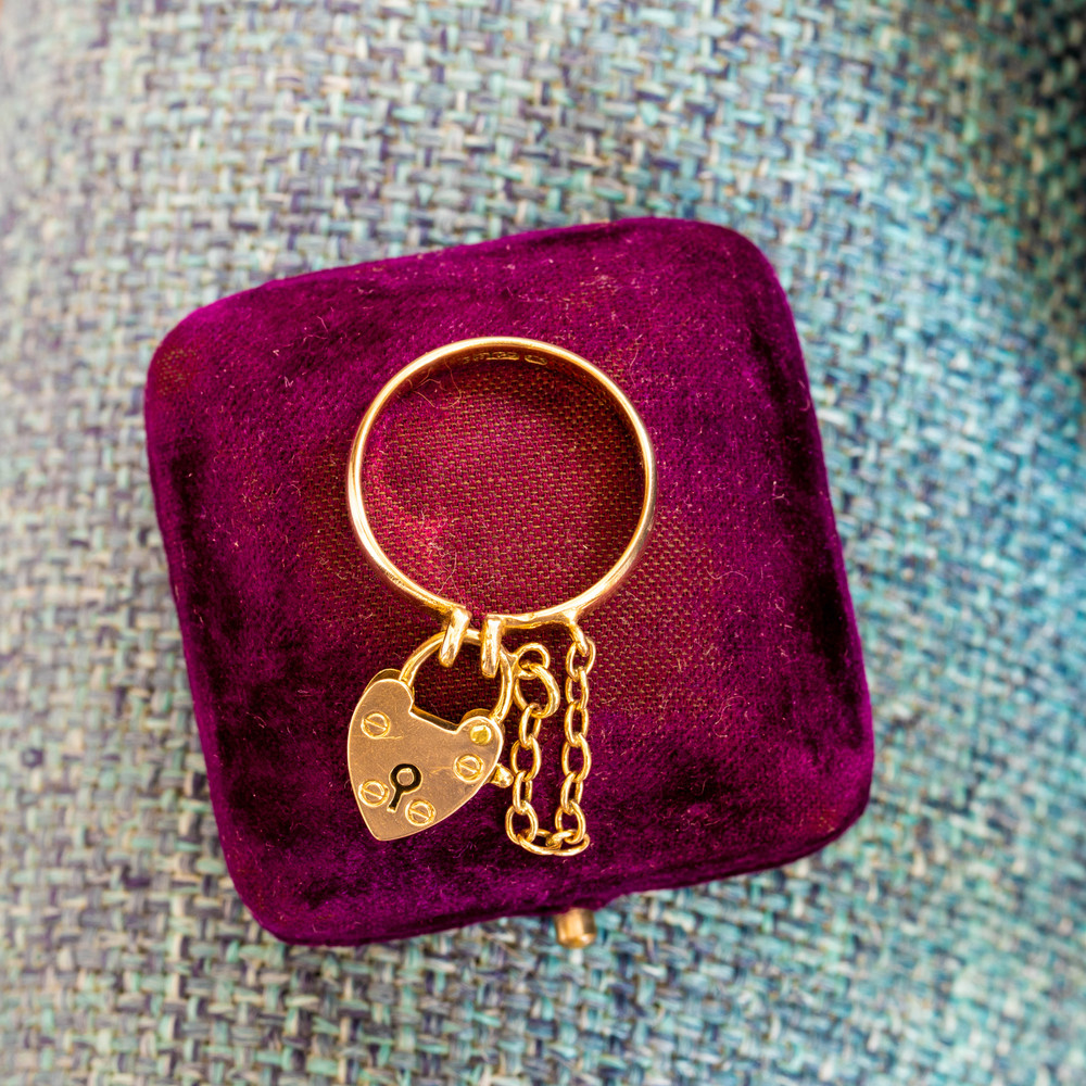 Antique Heart Padlock Ring, Unique 9ct 9k Rose Gold Band Size Q.5 / 8.5.