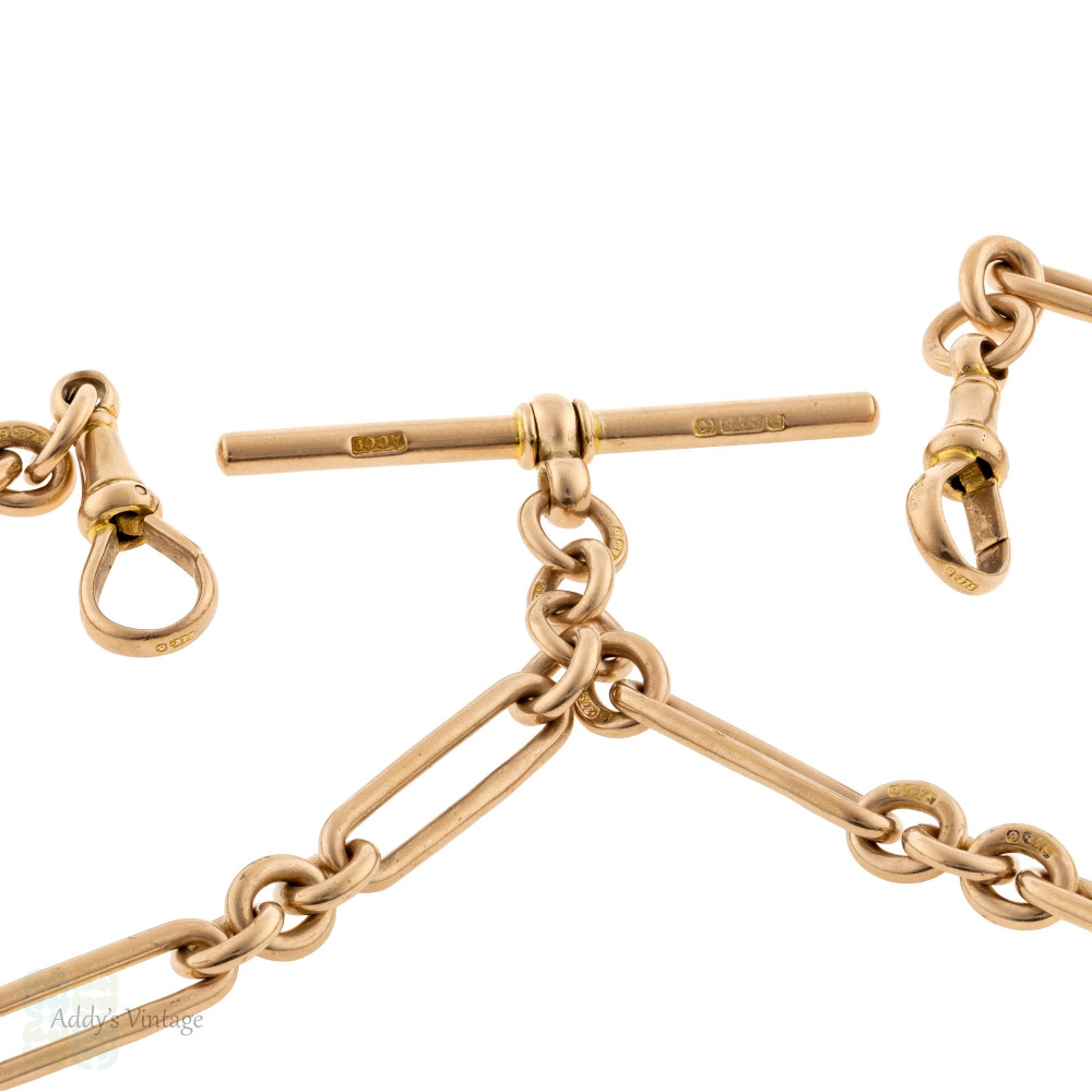 Vintage 9ct Trombone Chain, 9k Rose Gold 1920s Oblong Link Double Albert 15 Inches.