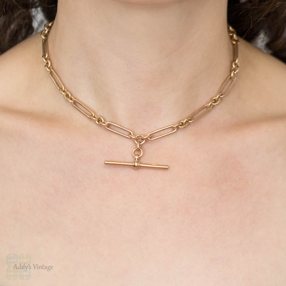 Vintage 9ct Trombone Chain, 9k Rose Gold 1920s Oblong Link Double Albert 15 Inches.
