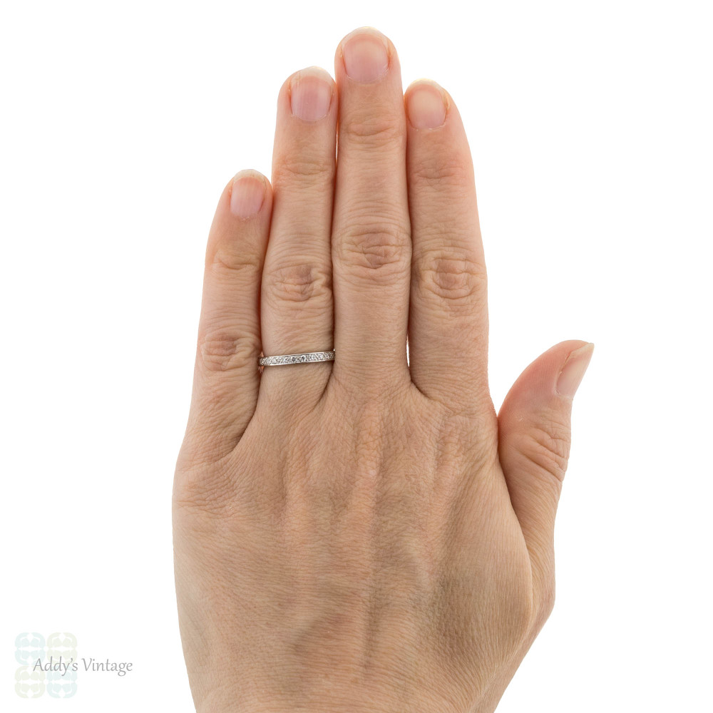 Antique Platinum Full Hoop Diamond Eternity Ring, Slender Engraved Wedding Band Size L.5 / 6.