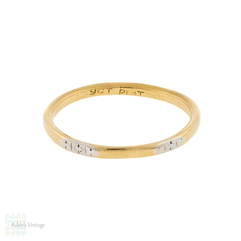 Vintage Two Tone Engraved Wedding Ring, 9ct & Platinum Narrow Band Size M / 6.25.