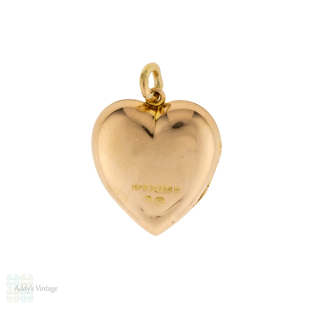 Edwardian Heart Locket, Antique 15ct 15k Gold Pearl Charm Pendant Chester 1900s.