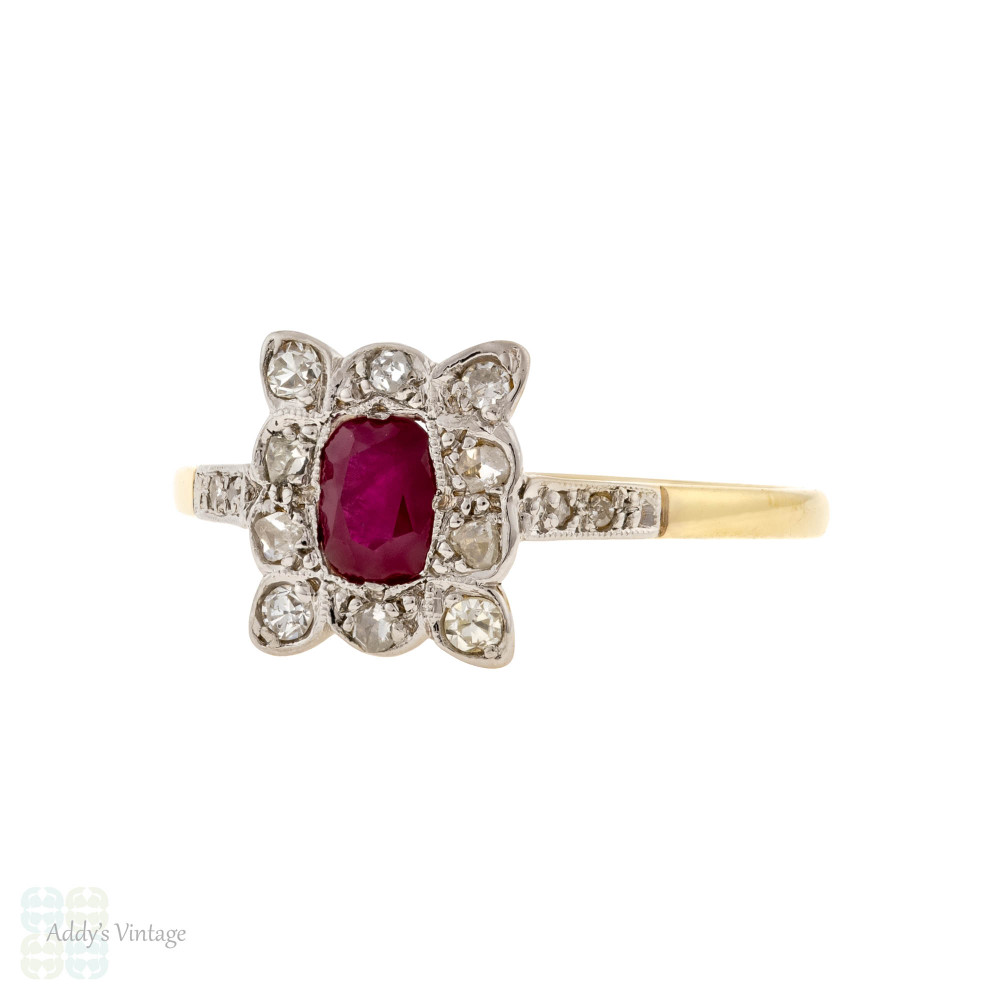 Ruby & Diamond Engagement Ring, Antique Edwardian 18ct Gold & Platinum Cluster Ring.