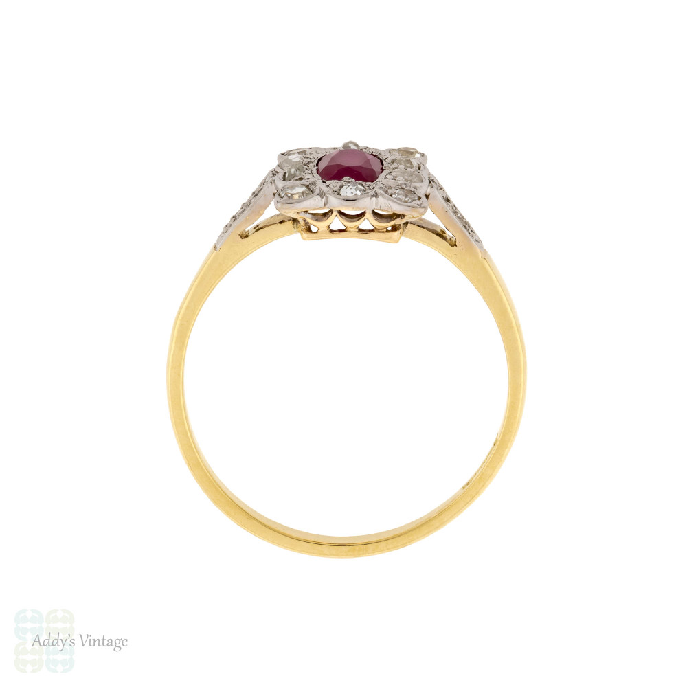 Ruby & Diamond Engagement Ring, Antique Edwardian 18ct Gold & Platinum Cluster Ring.