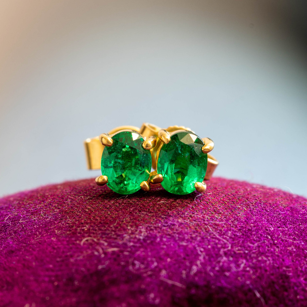 Emerald 18ct Yellow Gold Stud Earrings, Estate Oval Cut 18k Earrings.