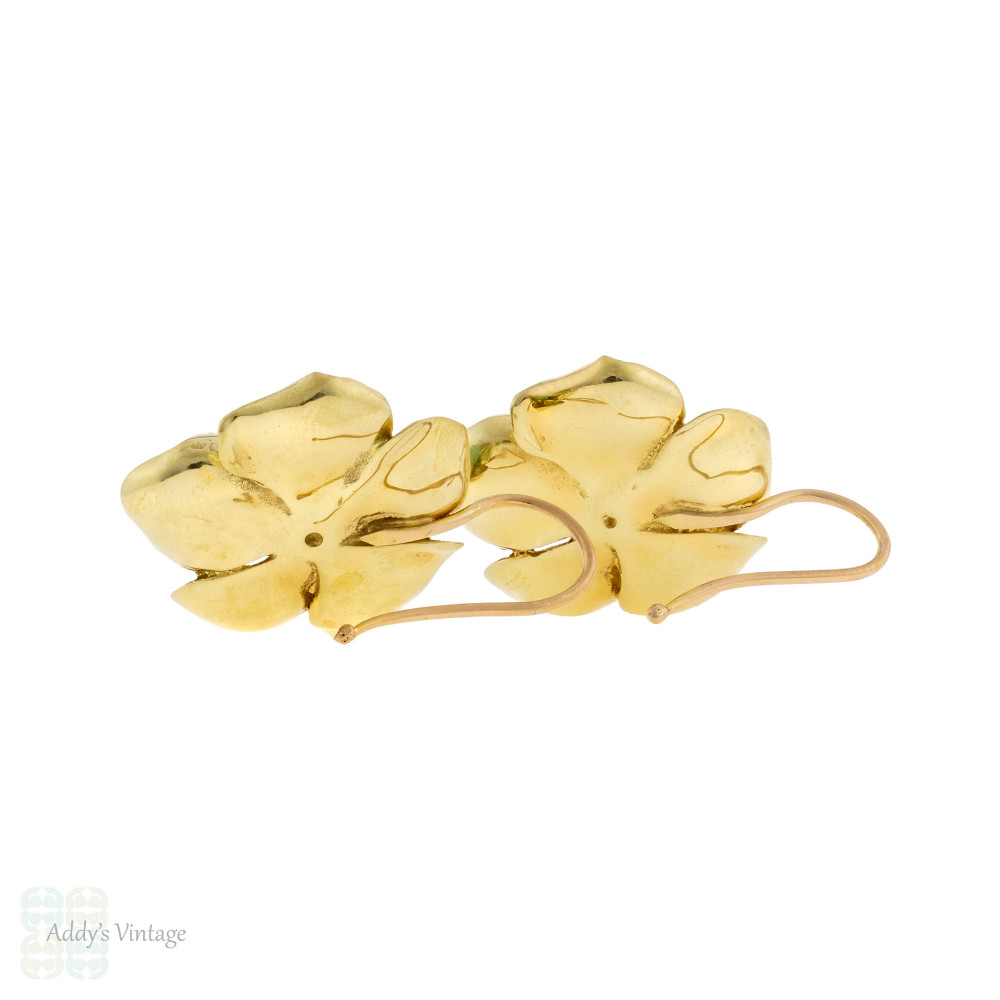 Turquoise Flower Drop Earrings, Vintage Mid Century 14ct 14k Yellow Gold Floral Earrings.