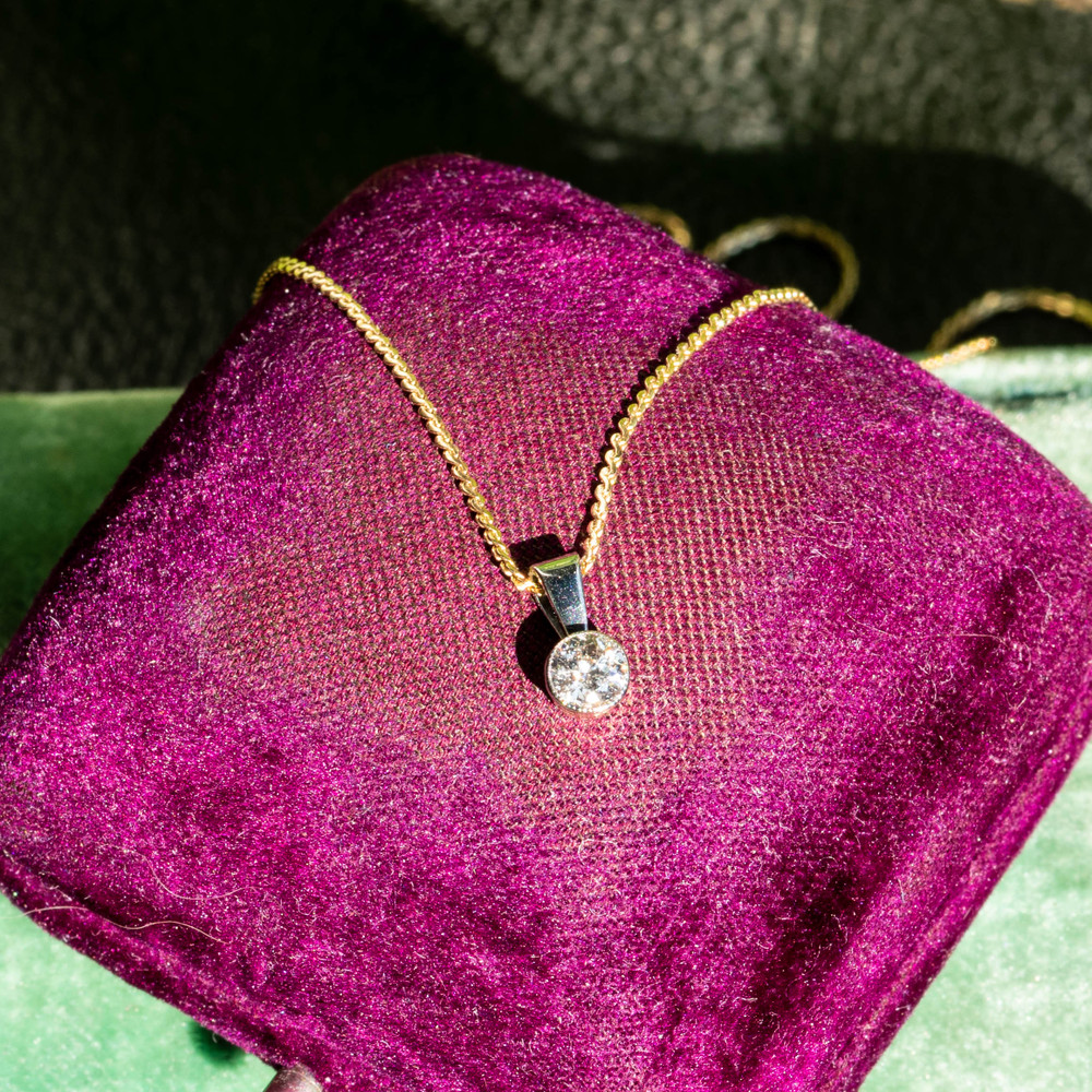 Old European Cut Diamond Pendant, 0.16ct Bezel Set Design 14k 14ct Gold.